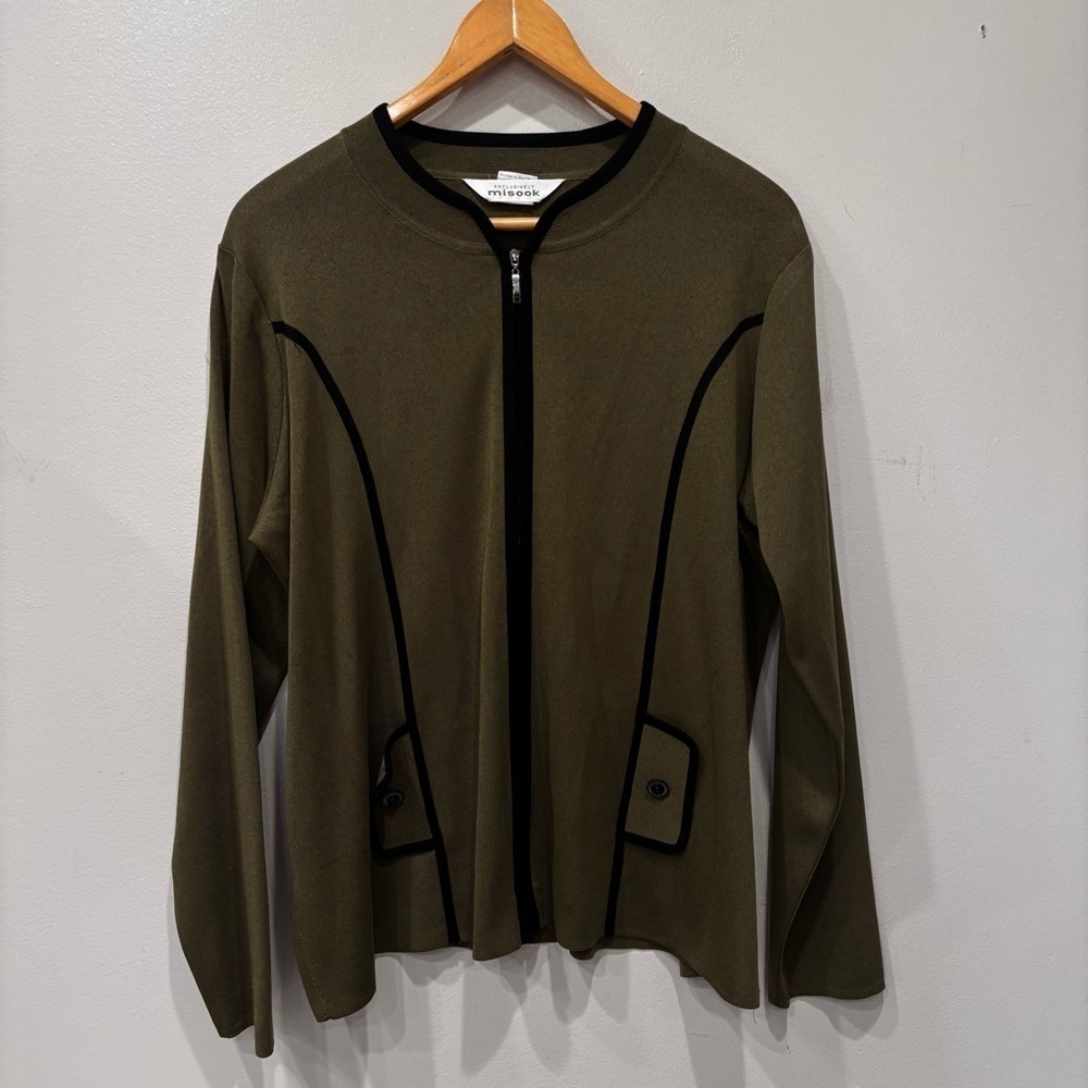 Misook Knit Zip Up Blazer and Top Padded Shoulder Set Olive Green Women’s Large